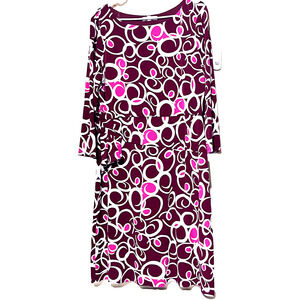 TRINHNOLOGY Women's Dress Burgundy Pink Swirl print Knee Length Long sleeve 14
